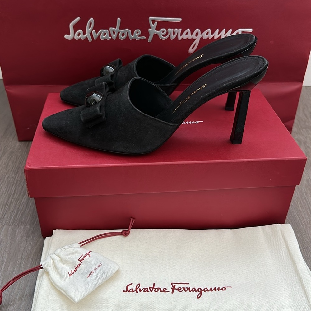 Salvatore Ferragamo Kara Black Suede Mule Women's Heels Shoes 9 C 39 NIB 👠 🖤